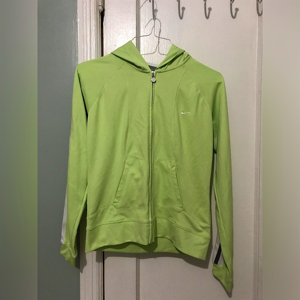 EUC nike lime green white stripe track zipper hoodie size youth medium 8/10
